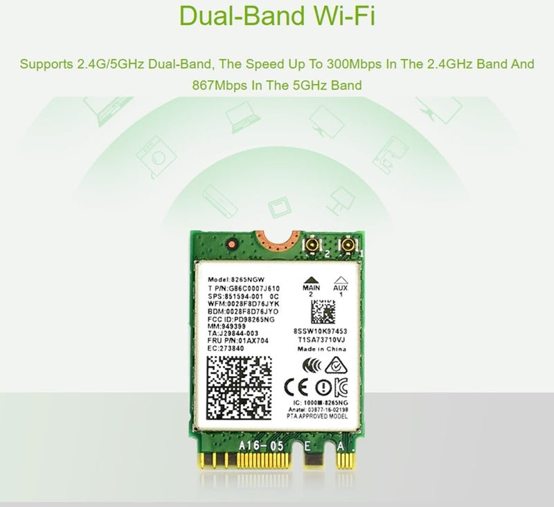 Waveshare Dual-Band Wireless-AC8265NGW Wireless-AC NGFF WiFi Adapter with Bluetooth 4.2, 2.4GHz 300Mbps & 5GHz 867Mbps Wireless Network Card, Compatible with Linux, Windows 10/11 - Image 4